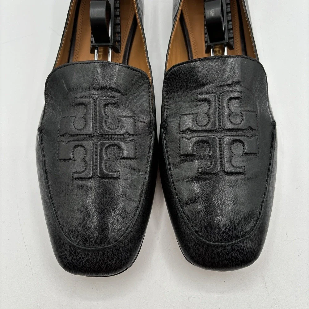 Tory Burch Ruby Loafers Women's 10 M Black Leather Chain Heel Embossed Logo